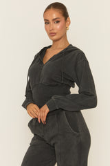 Charcoal Acid Wash Zip Through Corset Hoodie Loungewear Co-ord Set - Moara