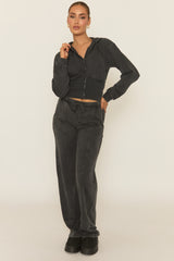 Charcoal Acid Wash Zip Through Corset Hoodie Loungewear Co-ord Set - Moara