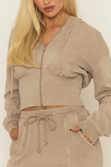 Dove Grey Acid Wash Zip Through Corset Hoodie Loungewear Set - Moara