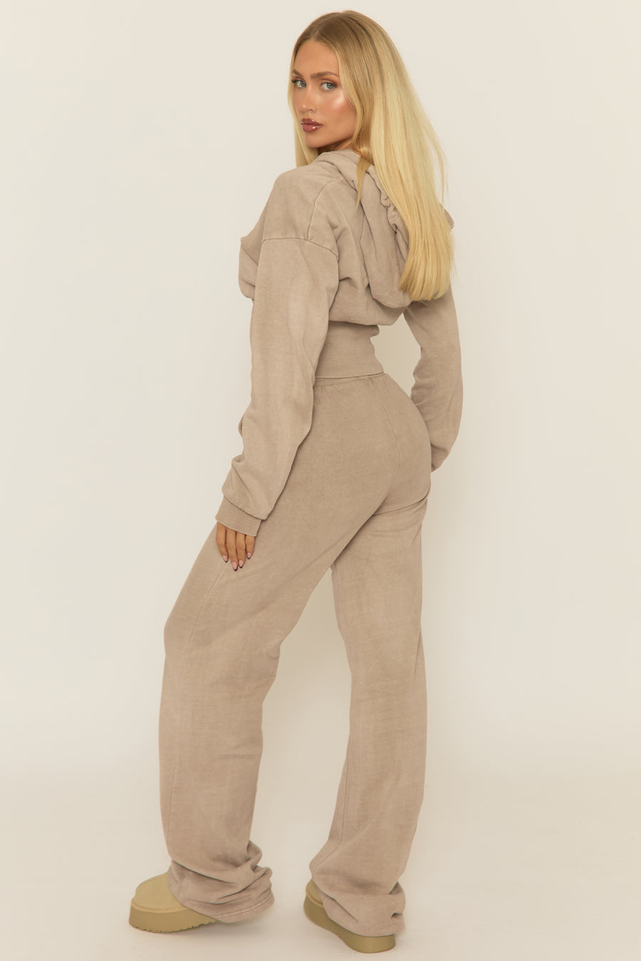 Dove Grey Acid Wash Zip Through Corset Hoodie Loungewear Co-ord Set - Moara