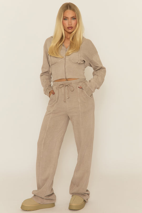 Dove Grey Acid Wash Zip Through Corset Hoodie Loungewear Set - Moara