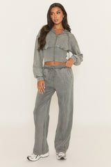 Grey Acid Wash Zip Through Corset Hoodie Loungewear Set - Moara