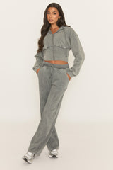 Grey Acid Wash Zip Through Corset Hoodie Loungewear Set - Moara