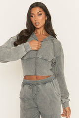 Grey Acid Wash Zip Through Corset Hoodie Loungewear Set - Moara