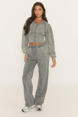 Grey Acid Wash Zip Through Corset Hoodie Loungewear Set - Moara