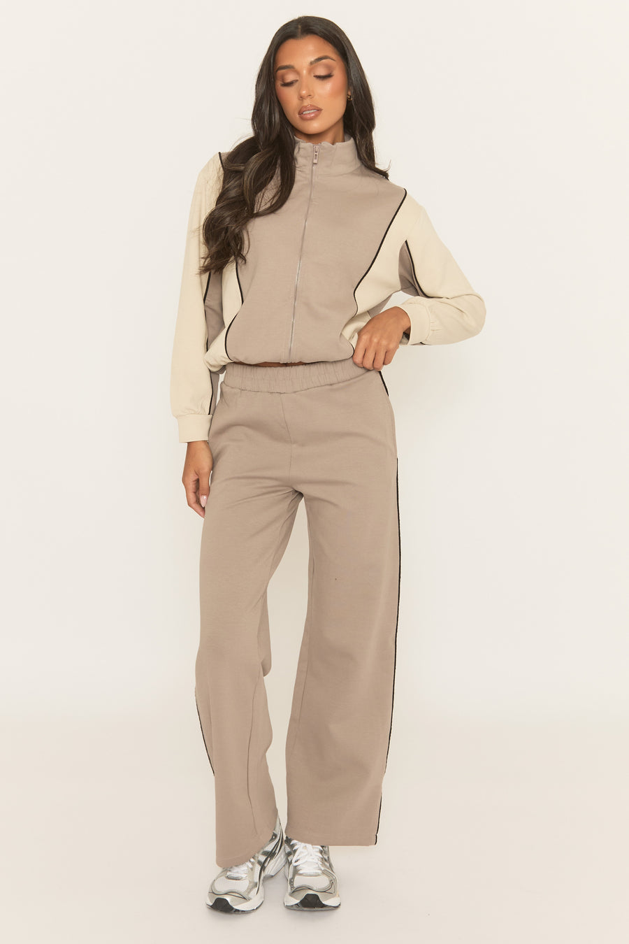 Dove Grey Panelled Zip Through Loungewear Co-ord Set - Cody