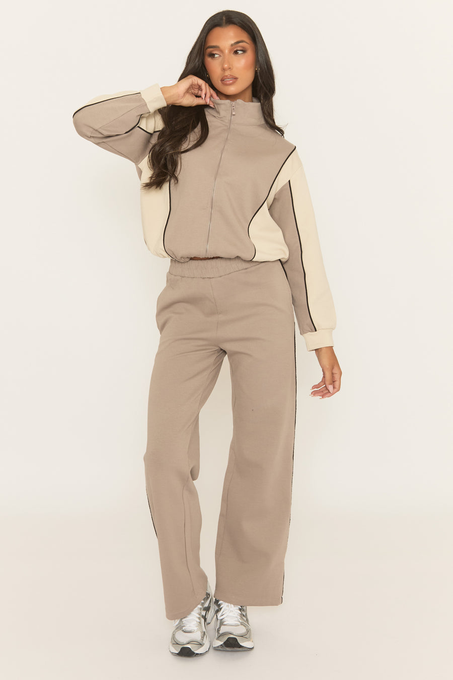 Dove Grey Panelled Zip Through Loungewear Co-ord Set - Cody