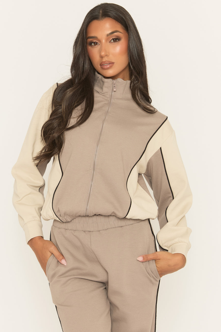 Dove Grey Panelled Zip Through Loungewear Co-ord Set - Cody