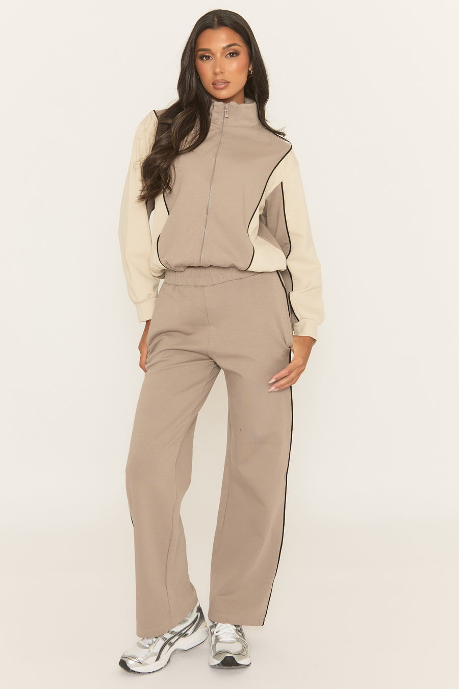 Dove Grey Panelled Zip Through Loungewear Co-ord Set - Cody