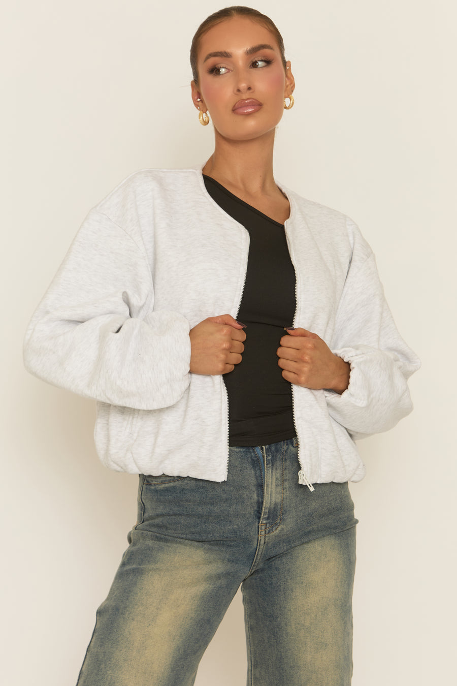 Grey Marl Collarless Lightweight Bomber Jacket - Averil