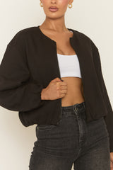 Black Marl Collarless Lightweight Bomber Jacket - Averil