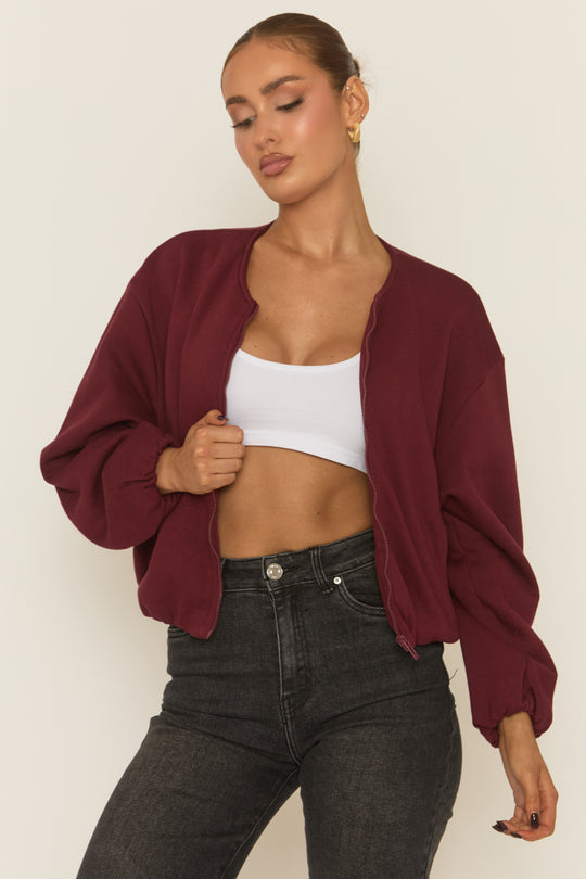 Wine Collarless Lightweight Bomber Jacket - Averil