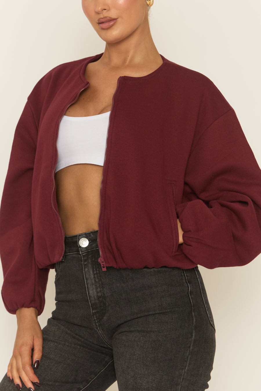 Wine Collarless Lightweight Bomber Jacket - Averil