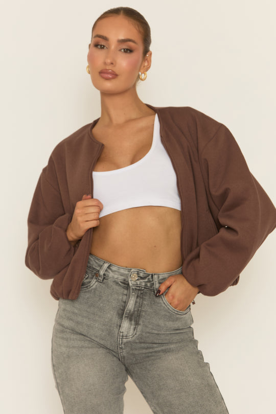 Chocolate Collarless Lightweight Bomber Jacket - Averil