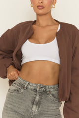 Chocolate Collarless Lightweight Bomber Jacket - Averil