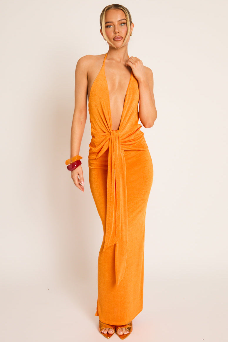 Orange Knot Front Top and Maxi Skirt Co-ord Set - Emilee