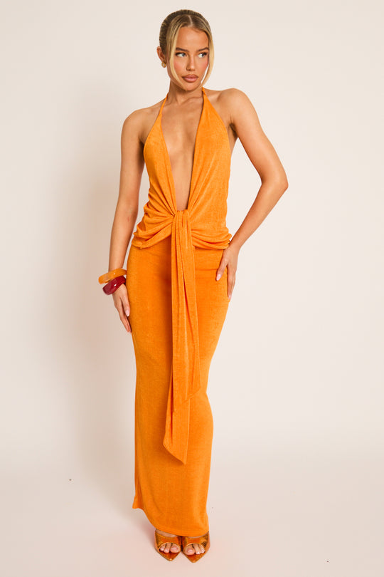 Orange Knot Front Top and Maxi Skirt Co-ord Set - Emilee
