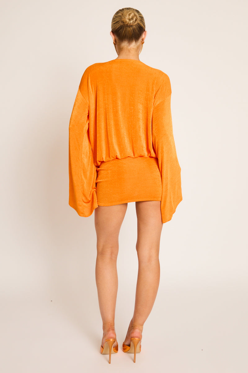Orange Deep Plunge Blouson Mini Dress - Arlette