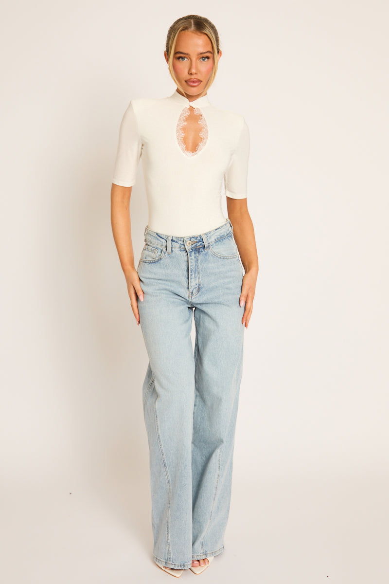 White Shoulder Pad Lace Trim Bodysuit - Carrie