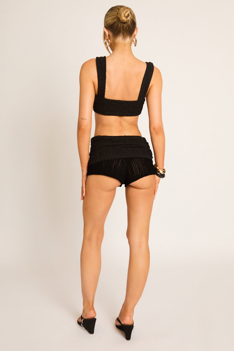 Black Textured Bralet Top and Fold Over Shorts Co-ord Set - Gabby