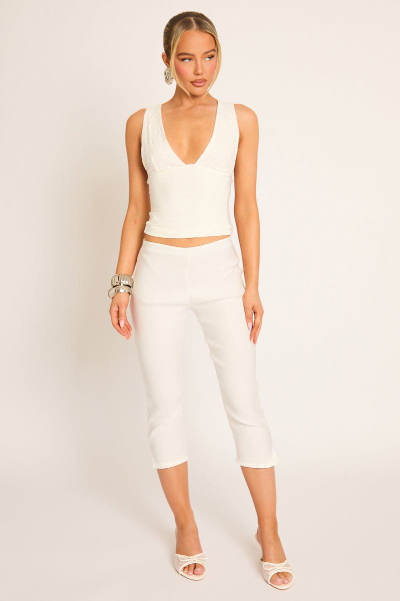 White Bengaline Split Hem Capri Pants - Jaclyn