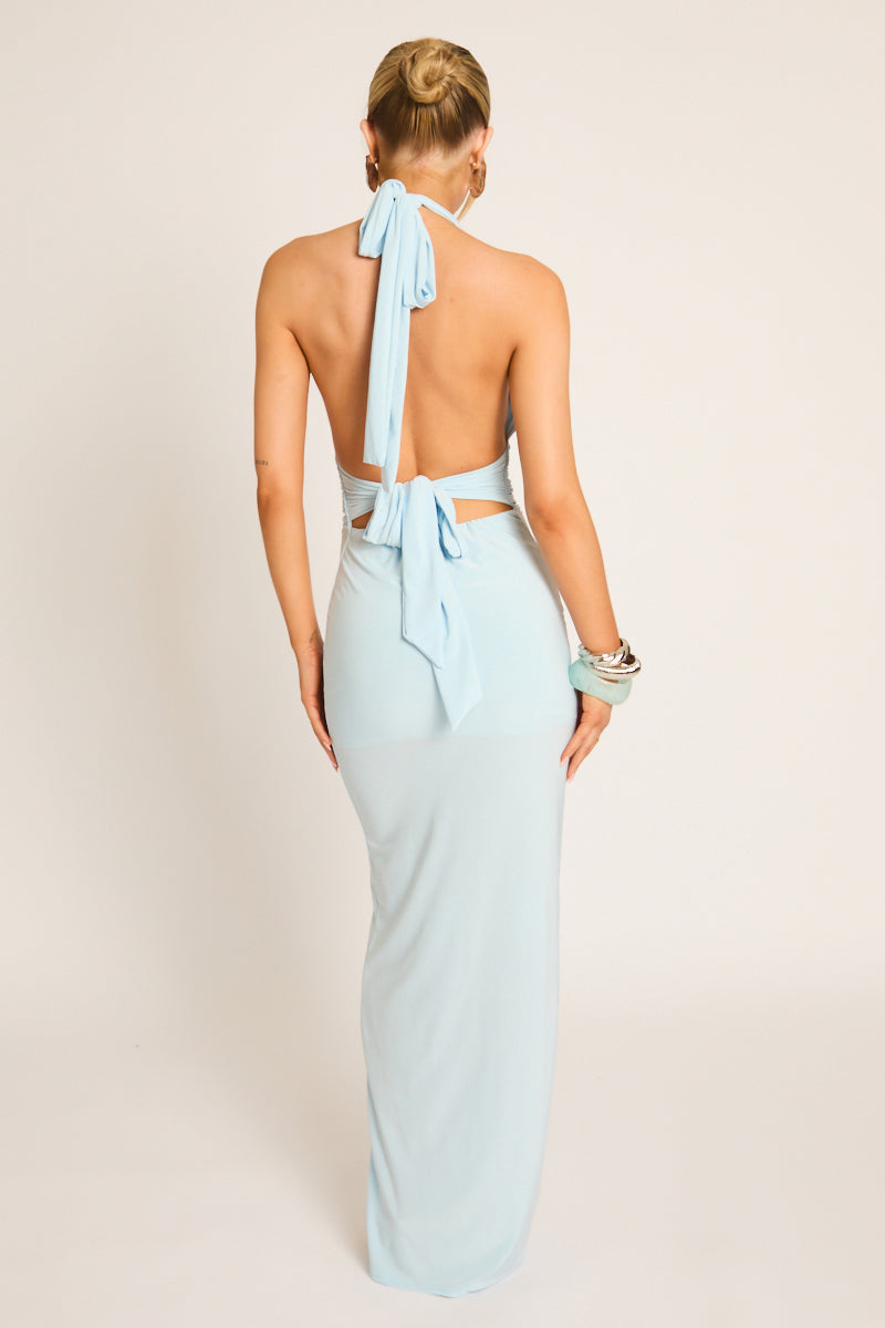 Baby Blue Halterneck Tie Back Maxi Dress - Amalfie