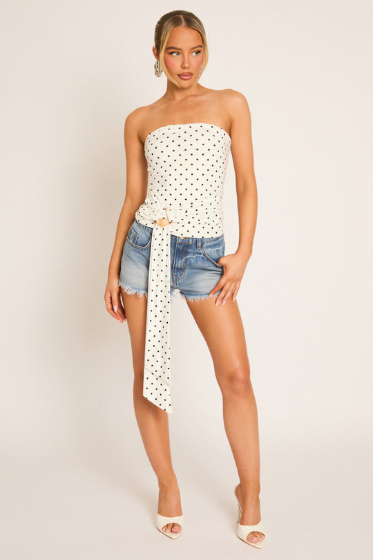 White Polka Dot Drape Bandeau Top - Casey