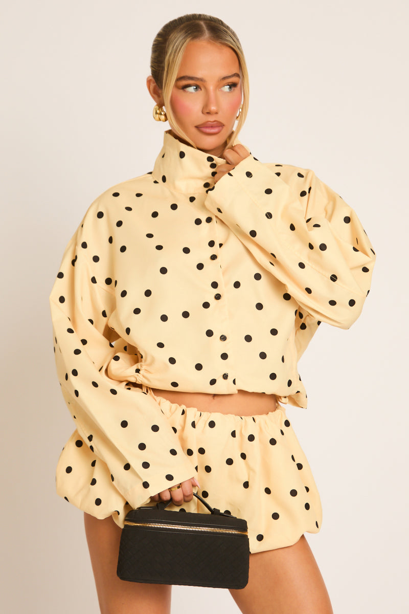 Yellow Polka Dot High Neck Jacket and Puffball Shorts Co-ord Set - Anika