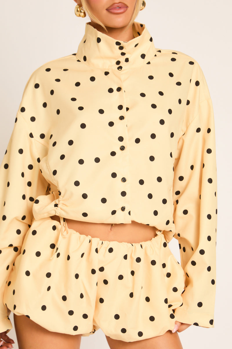 Yellow Polka Dot High Neck Jacket and Puffball Shorts Co-ord Set - Anika