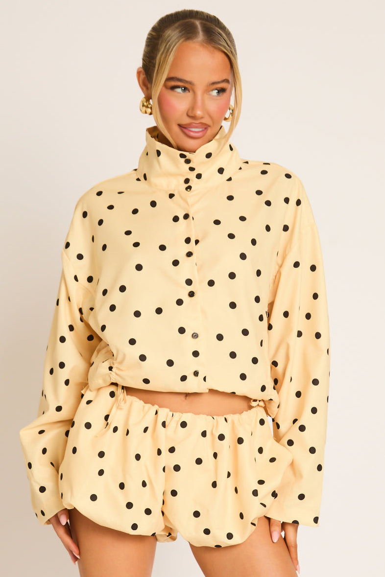 Yellow Polka Dot High Neck Jacket and Puffball Shorts Co-ord Set - Anika