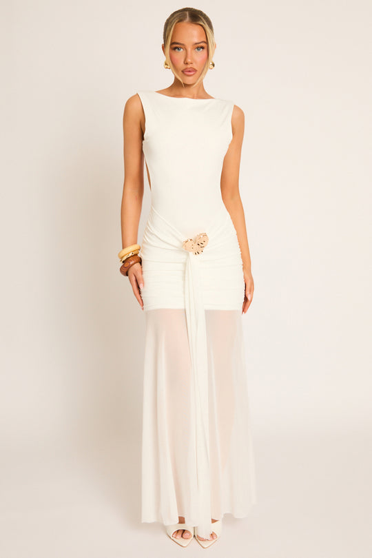 White Trim Detail Mesh Overlay Maxi Dress - Amber