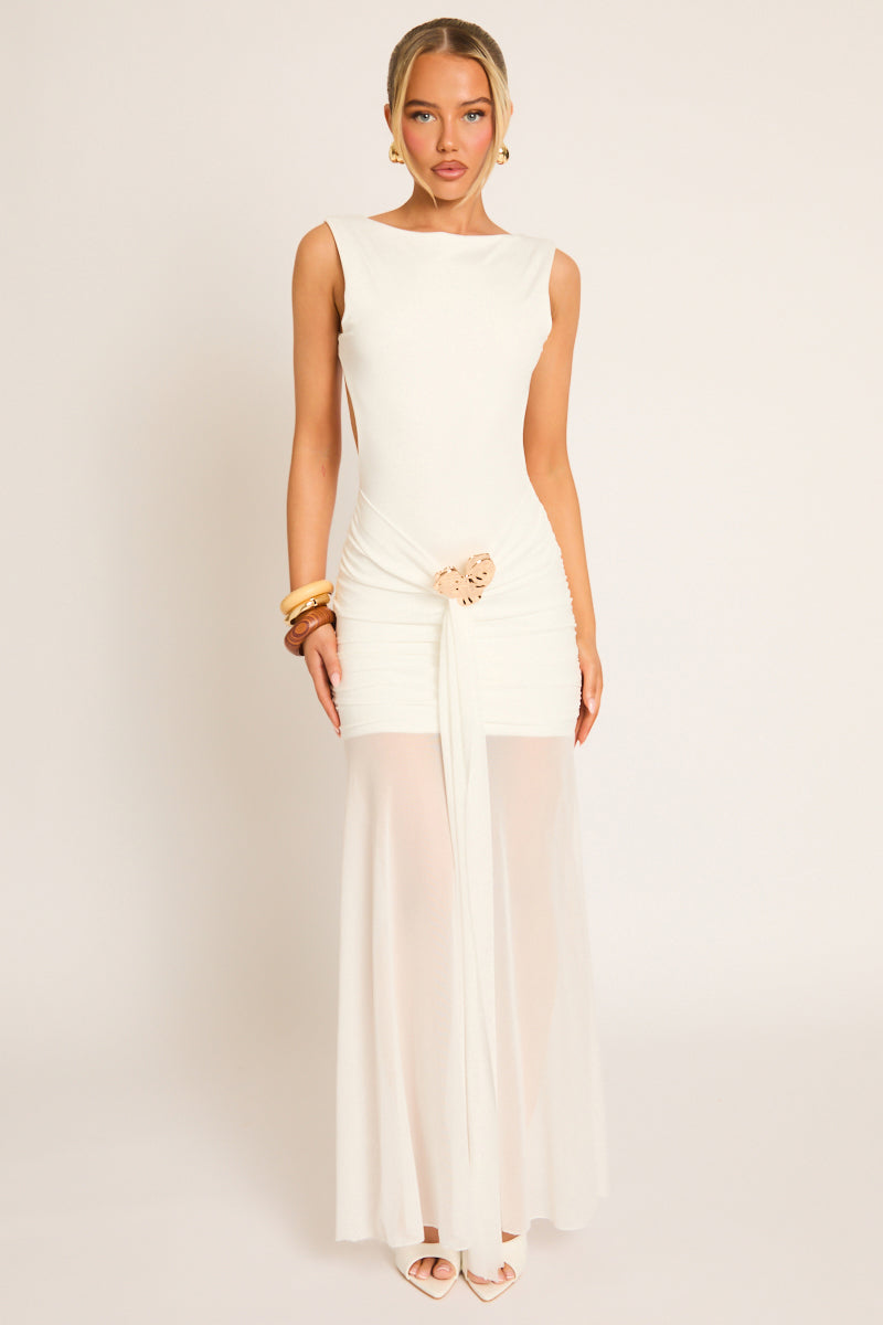 White Trim Detail Mesh Overlay Maxi Dress - Amber
