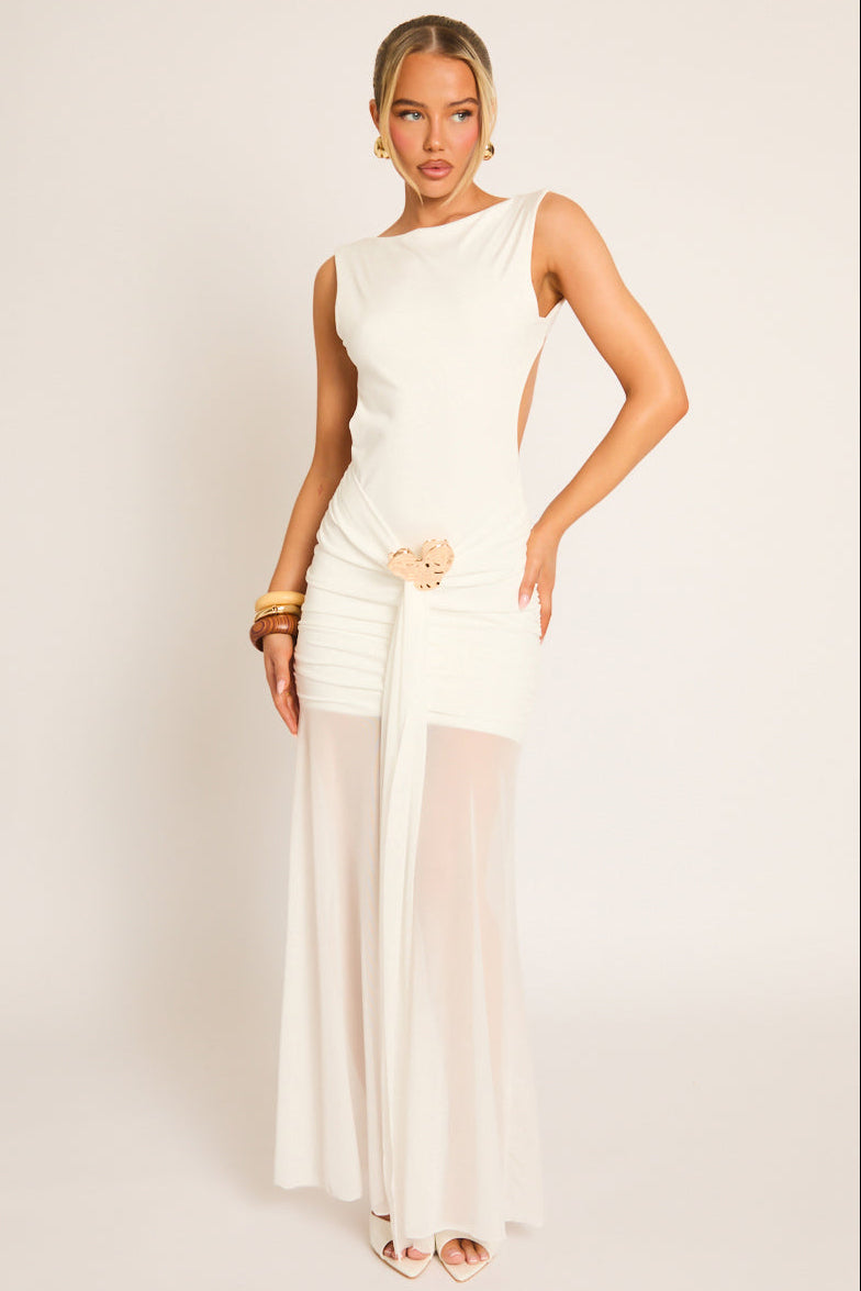 White Trim Detail Mesh Overlay Maxi Dress - Amber