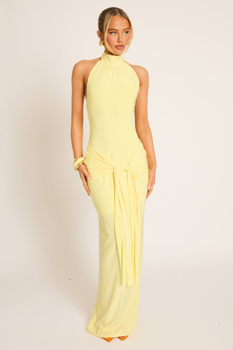 Yellow High Neck Tie Front Maxi Dress - Janala