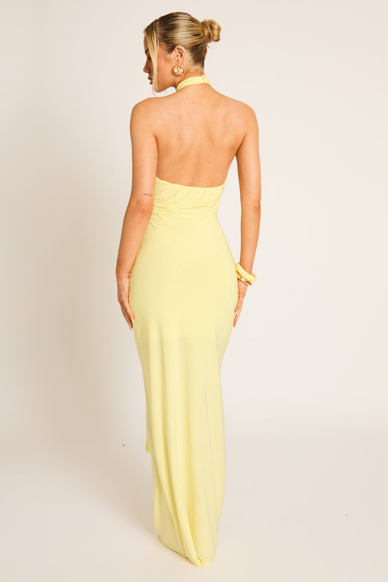 Yellow High Neck Tie Front Maxi Dress - Janala