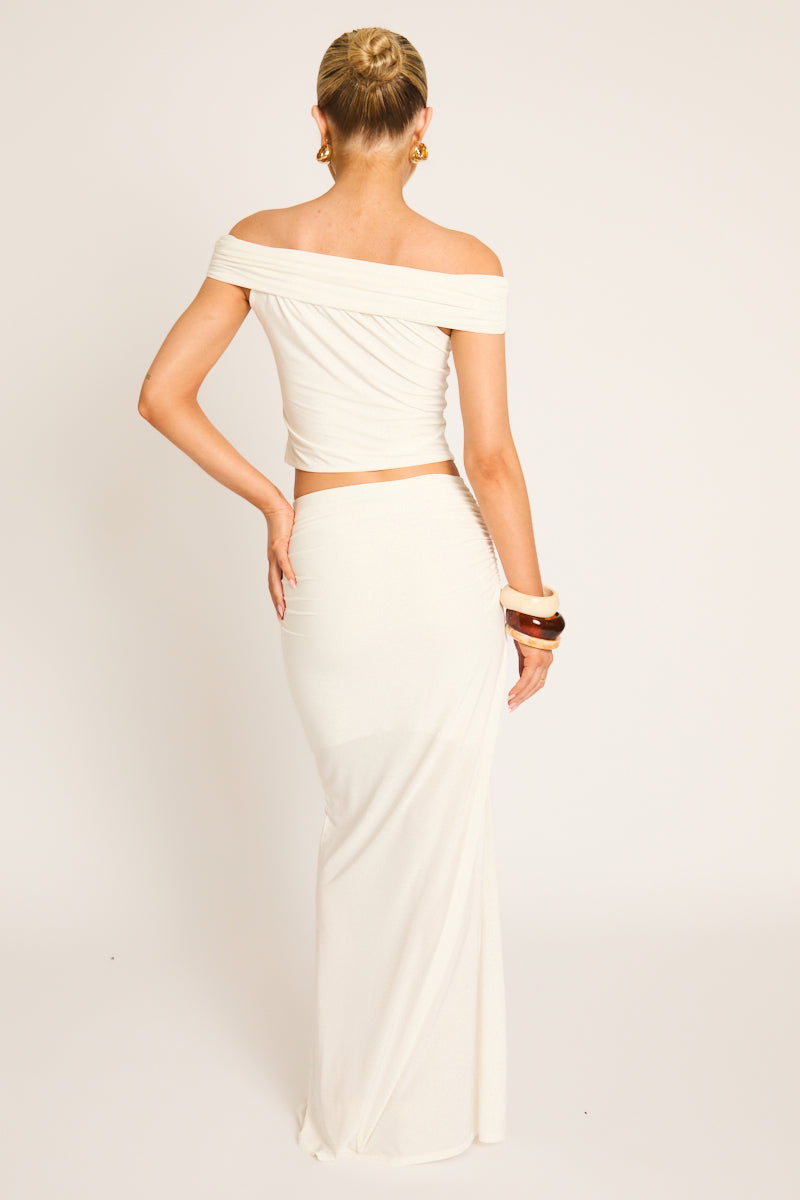 Ivory Bardot Crop Top and Ruched Maxi Skirt Co-ord Set - Bella