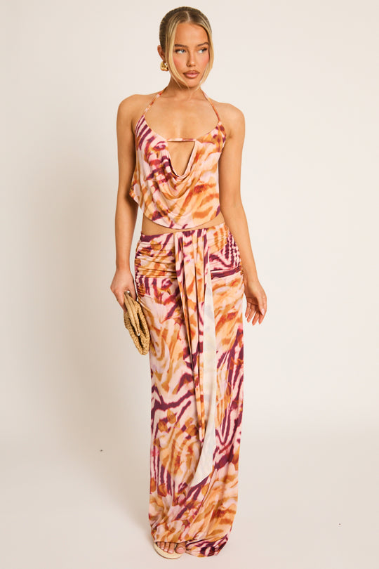 Orange Abstract Animal Print Strappy Halter Top and Maxi Skirt Co-ord Set - Marnia