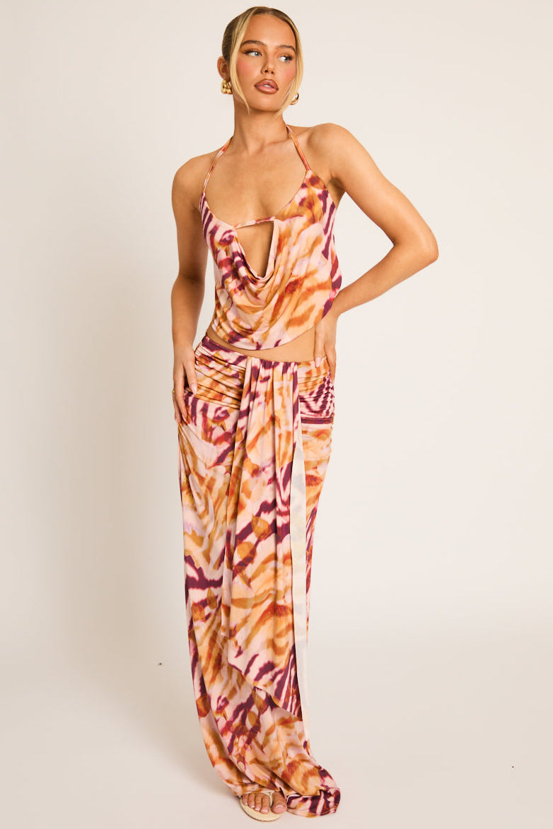 Orange Abstract Animal Print Strappy Halter Top and Maxi Skirt - Marnia