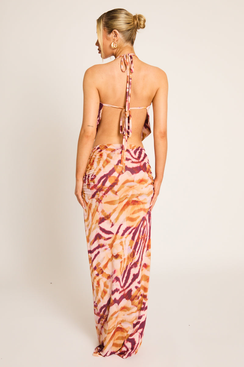 Orange Abstract Animal Print Strappy Halter Top and Maxi Skirt - Marnia
