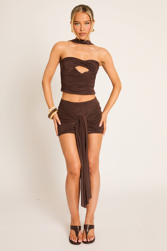 Chocolate Halter Bandeau Top and Mini Skirt Co-ord Set - Mirin