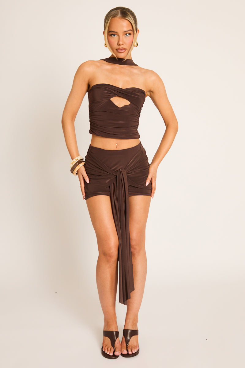 Chocolate Halter Bandeau Top and Mini Skirt Co-ord Set - Mirin
