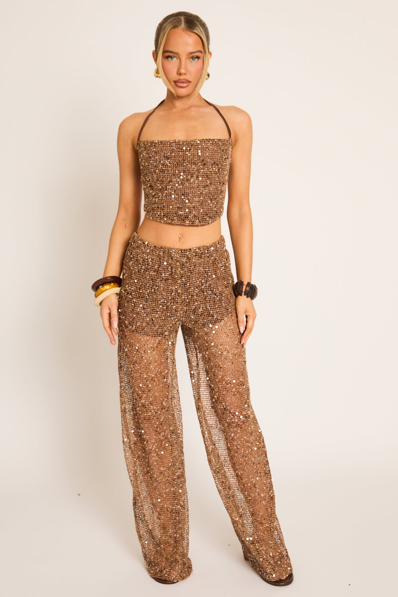 Chocolate Sequin Crochet Top and Trouser Co-ord Set - Effy