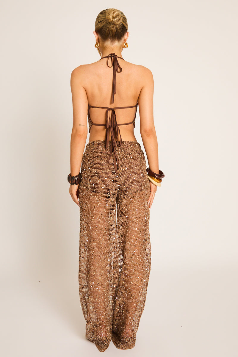 Chocolate Sequin Crochet Top and Trouser Co-ord Set - Effy