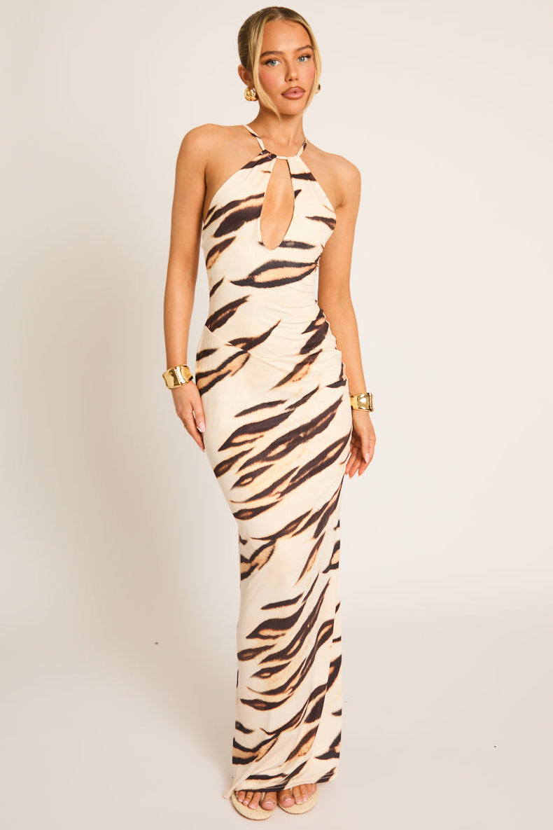 Brown Tiger Print Strappy Keyhole Maxi Dress - Christa