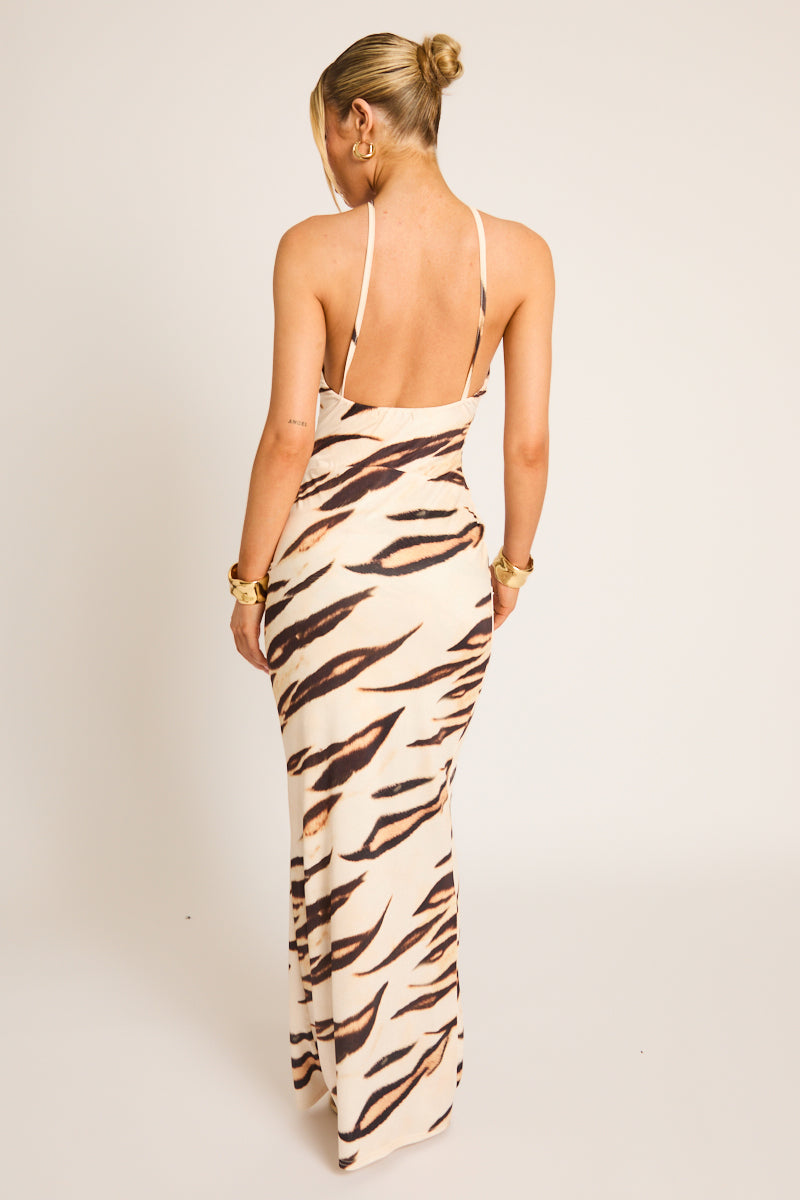 Brown Tiger Print Strappy Keyhole Maxi Dress - Christa