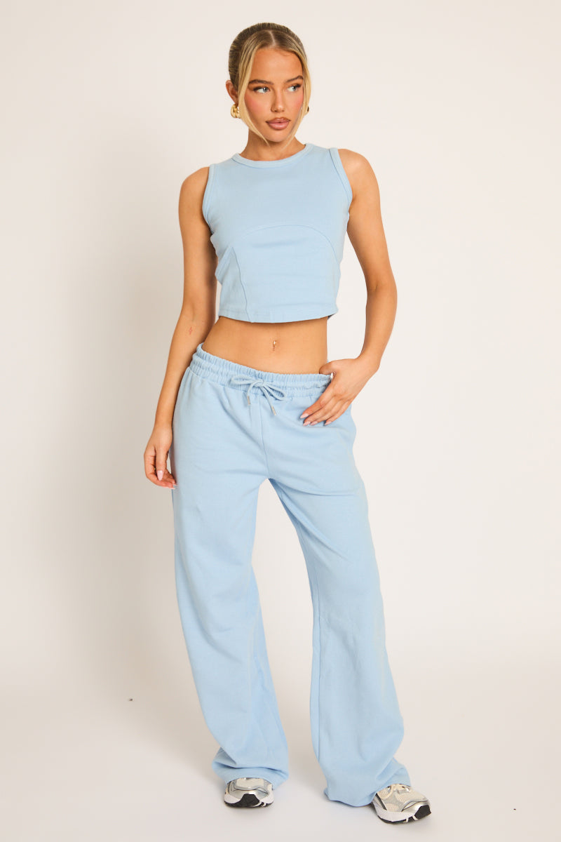 Blue Seam Detail Sleeveless Top and Wide Leg Joggers Loungewear Co-ord Set - Brielle