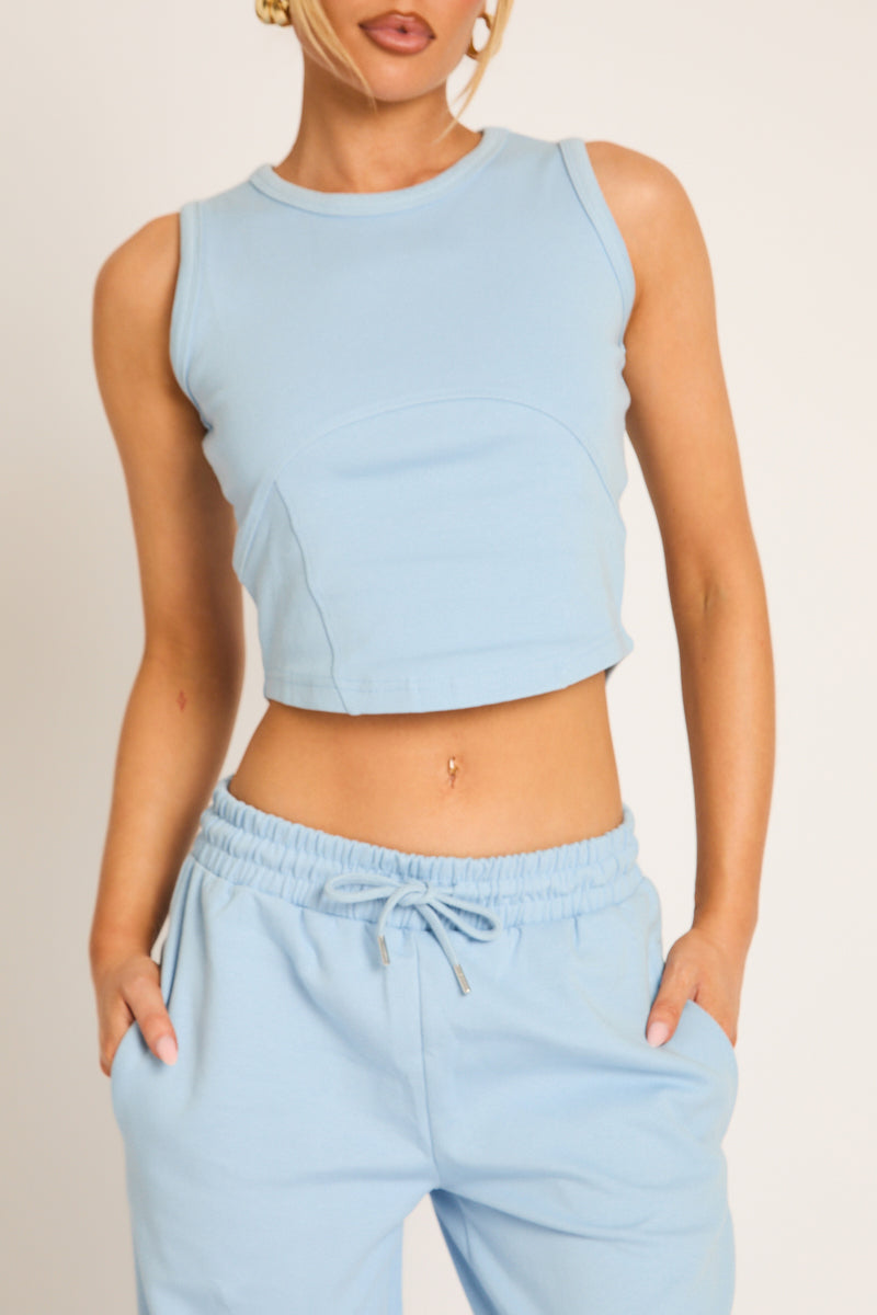 Blue Seam Detail Sleeveless Top and Wide Leg Joggers Loungewear Co-ord Set - Brielle