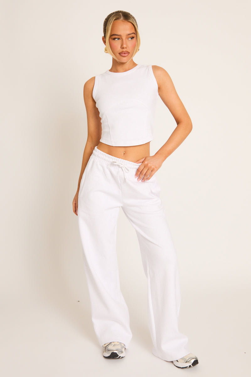 White Seam Detail Sleeveless Top and Wide Leg Joggers Loungewear Co-ord Set - Brielle