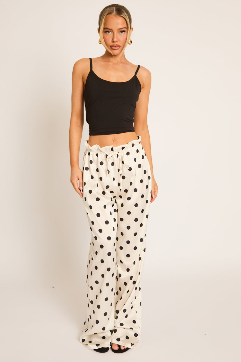 White Polka Dot Print Wide Leg Trousers - Hannah