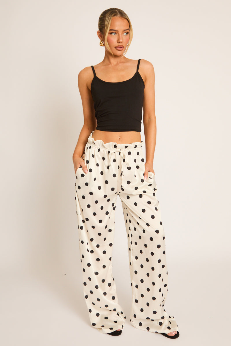 White Polka Dot Print Wide Leg Trousers - Hannah